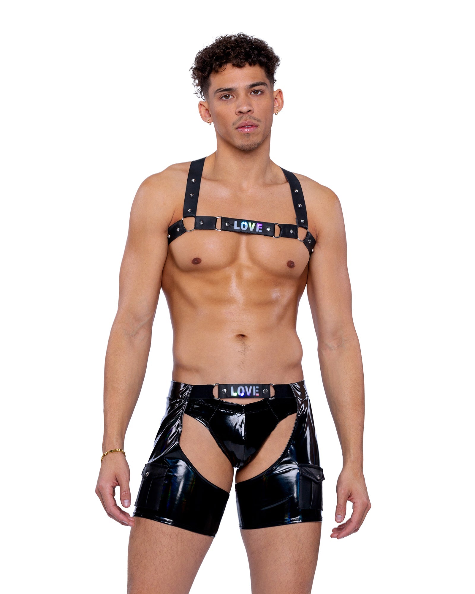 Pride studded light-up harness rave outfit, view 4